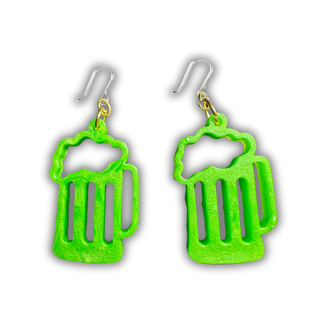 Green Beer Mug Resin Dangle Earrings with Hypoallergenic Plastic Hooks – For Sensitive Ears | St. Patrick’s Day Collection