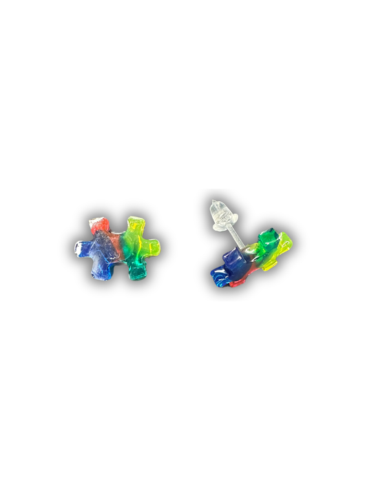 Puzzle Piece Resin Stud Earrings – Multicolor, Hypoallergenic Plastic Posts for Sensitive Ears